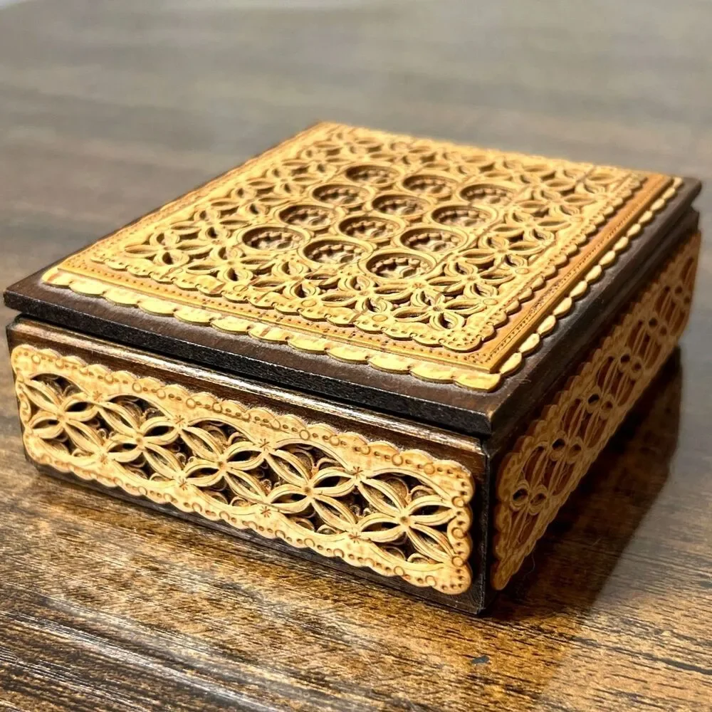 Russian Carved Jewelry Box Container Wood Latticed Pierced Panels Wooden Storage